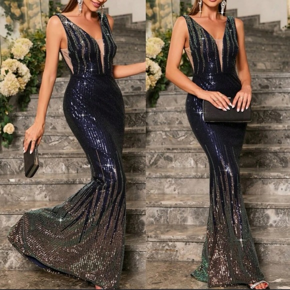 Plunging V-neck Rhinestone Decor Sheath Jersey Gown Dark Navy main image 0